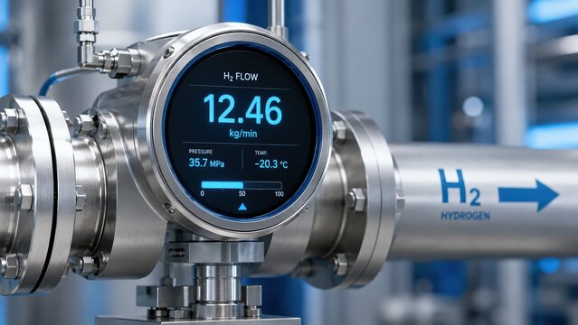 Industrial hydrogen flow meter monitoring gas pressure and temperature