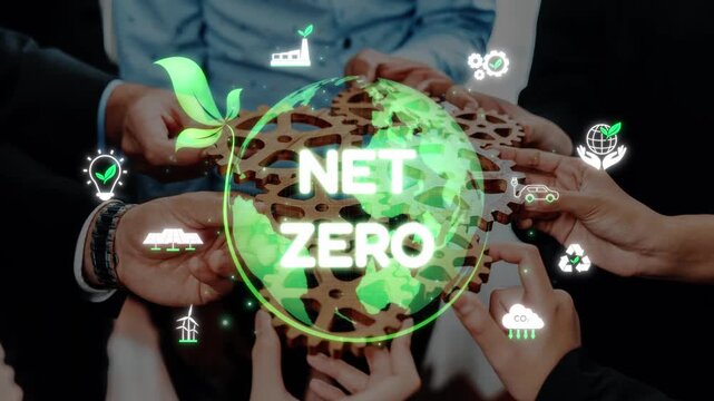 A powerful visual representation of teamwork and commitment towards achieving net zero emissions, showcasing hands supporting a green globe amidst environmental icons and elements. Raster