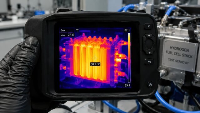 Thermal imaging inspection of a hydrogen fuel cell stack in a laboratory