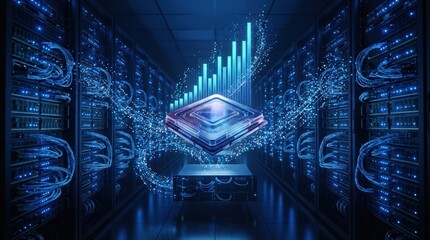 Fototapeta na wymiar Futuristic server room with rows of memory modules, fiber-optic cables, blue status LEDs, and a floating 3D chip render, paired with graph bars and particle streams to visualize rapid demand for
