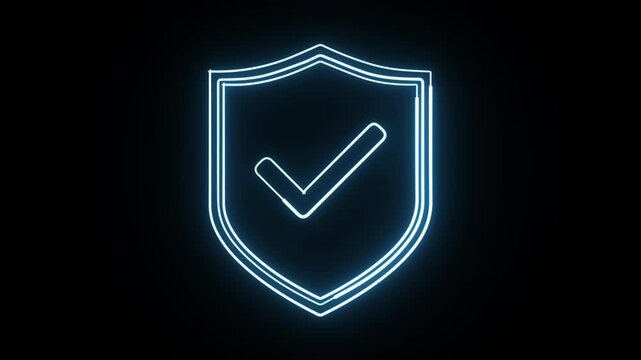 Shield icon with check mark  neon glowing blue animation on black background.