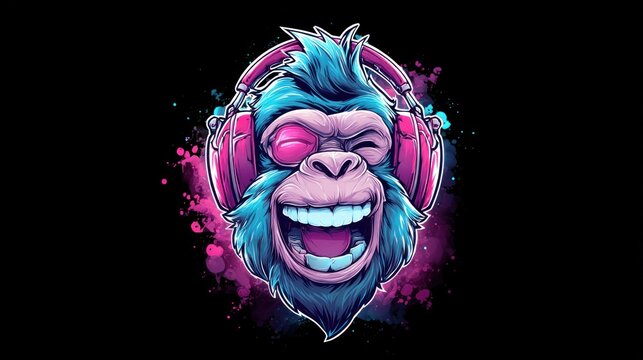 Vibrant cartoon monkey with headphones and a wide grin, radiating joy and music