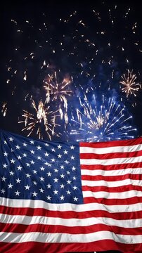 American Flag with Fireworks Display - A patriotic scene featuring a waving American flag in the foreground, with a spectacular fireworks display illuminating the night sky in the background.