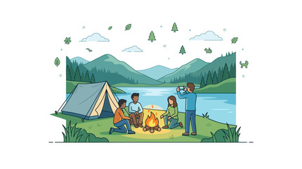 Friends camping by a mountain lake with a campfire and tent © Sukedi