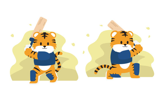 Cricket Tiger Cute Cartoon Character Sport Set