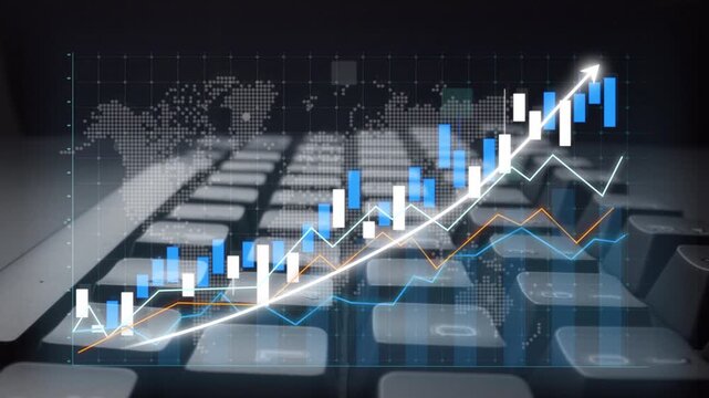 A digital composition illustrating financial growth through bar graphs and currency symbols, set against a keyboard backdrop, symbolizing modern finance and investment. Copula