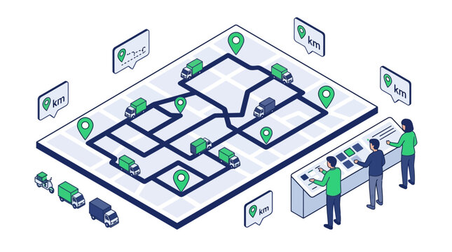 Isometric illustration of a logistics management system with fleet tracking