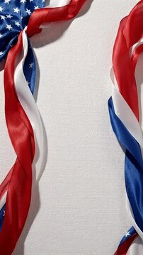 Patriotic Ribbon Border on White Canvas - Red, white, and blue ribbons, patterned with stars, flow gracefully along the sides of a textured white canvas.