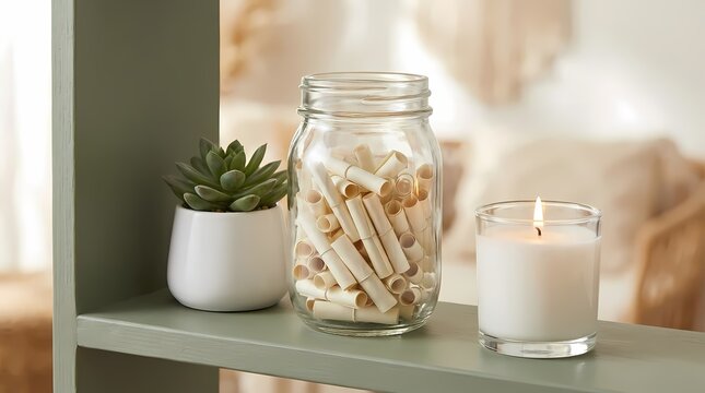 Glass jar with paper scrolls and lit candle.