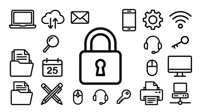 Cybersecurity padlock icon surrounded by digital device symbols.