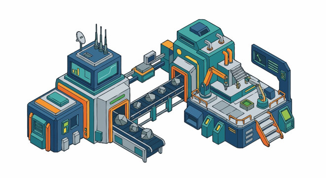Isometric Industrial Factory Complex with Conveyor Belts.