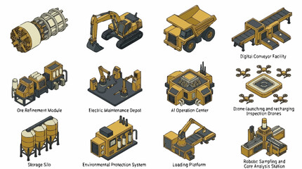 Collection of Yellow Construction Vehicles and Equipment Isometric View. © Buka