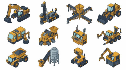 Collection of yellow construction vehicles in isometric style. © Buka