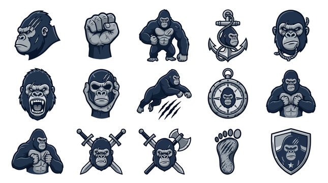 Tribal gorilla adventurer icons with swords and skulls.