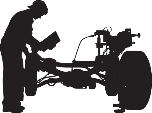 Silhouette of a mechanic working on a vehicle chassis engine