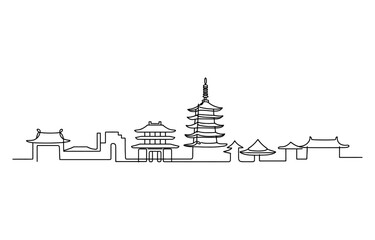 Continuous single line drawing of japanese city skyline with traditional pagoda and temple buildings © Bobita
