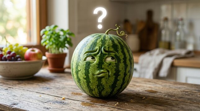 Carved Watermelon with Question Mark on Kitchen Counter