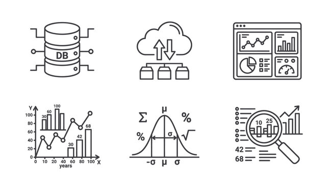 Database cloud computing and statistical distribution icons.