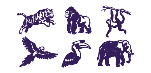 Artistic jungle wildlife illustrations in indigo brush style for nature conservation © WS