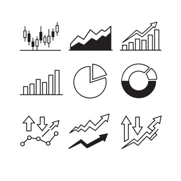 Minimalist business data visualization icons, set of 9 financial charts and graphs, black and white vector infographics for corporate reporting