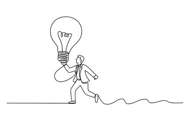 Continuous single line drawing of a businessman holding a large glowing light bulb idea © Prem_Bala_2026