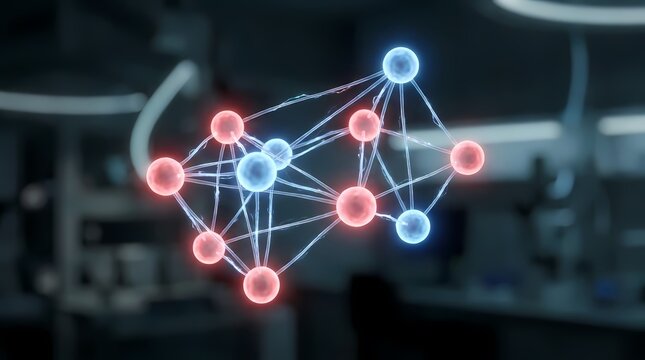 Glowing digital molecular network structure in dark lab setting.