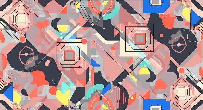 Abstract Geometric Seamless Pattern with Colorful Shapes and Lines.