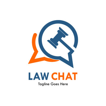Modern law chat logo featuring a gavel with double speech bub