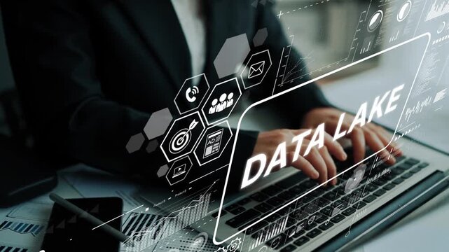 Professional analyzes business data while working on laptop with data lake concept representation and digital graphics overlay. Asymptotic smart data analytic.