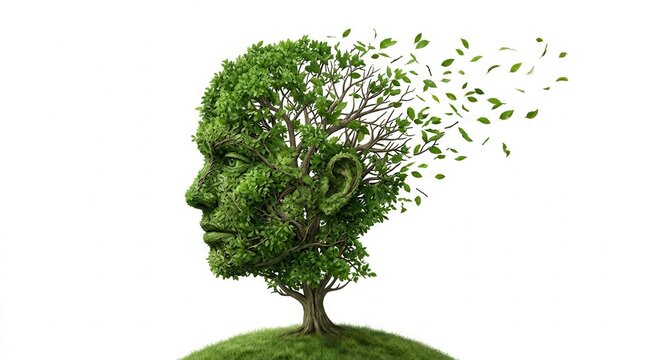 Metaphorical depiction of dementia disease with a face of green leaves blowing away in the wind.