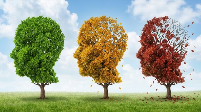 Human profile trees showing the stages of brain aging from green to autumn red.