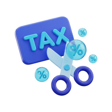 Tax label with scissors and percentage symbols 3D tax reduction icon on transparent background