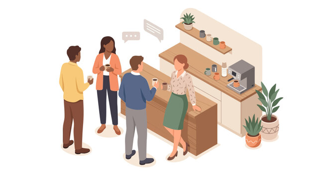 Diverse Team Socializing During Coffee Break in Office Breakroom