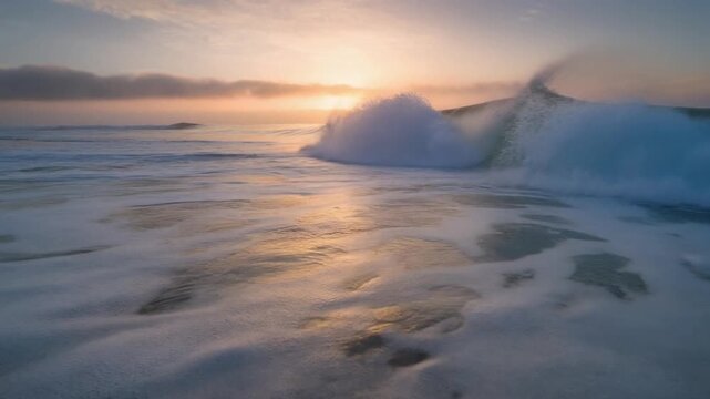 Cinematic ocean barrel waves with sharp foreground foam and glowing surf textures in dynamic coastal scene