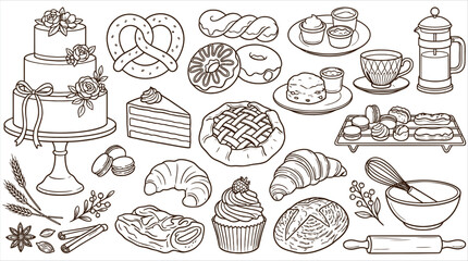 Obraz premium Hand Drawn Bakery and Pastry Collection Featuring Delicious Cakes Croissants Cookies and Gourmet Desserts for Cafe Menu Design