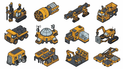 Collection of Yellow Construction Vehicles in Isometric Style. © Bunga
