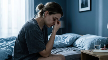 Obraz premium Woman Sitting On Bed Experiencing A Moment Of Distress