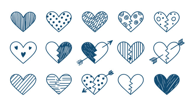 Set of eighteen unique hand-drawn blue heart sketches featuring various patterns like stripes, dots, broken pieces, and arrows on white.