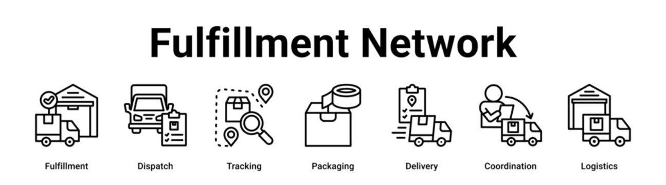 Fulfillment Network web banner icon vector illustration concept for business with icon of Fulfillment, Dispatch, Tracking, Packaging, Delivery.