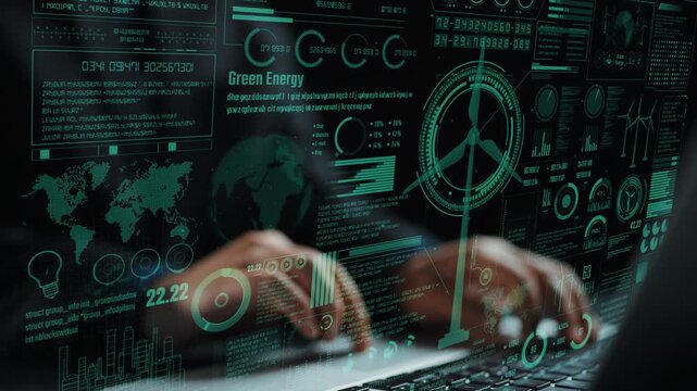 Modern digital interface representing green energy metrics with vivid displays of analytics and geographic data, emphasizing the importance of sustainability and innovation. Cipher
