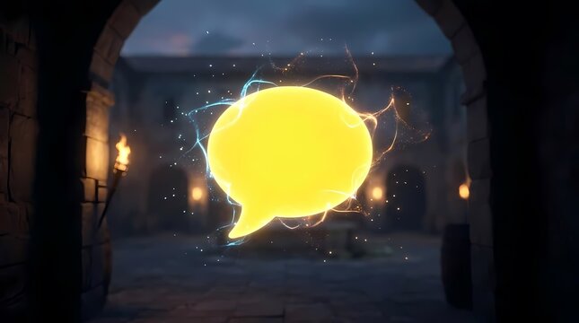 Glowing yellow speech bubble inside stone archway.