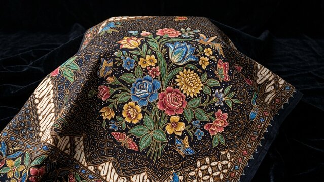 Indonesian batik textile with floral motifs draped over dark velvet fabric showing traditional craftsmanship