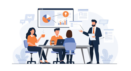 Fototapeta premium Professional team members engage in a business meeting as a manager presents data-driven insights and analytics on a large digital monitor.
