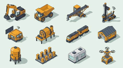 Isometric Construction Vehicles and Equipment Set. © Bunga