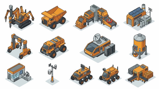 Collection of Isometric Construction Vehicles and Equipment.