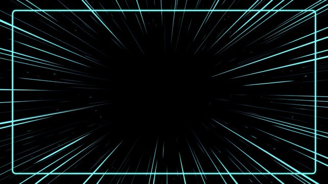 Abstract futuristic hyperspace warp speed light rays with neon frame overlay on black background for sci-fi tech design