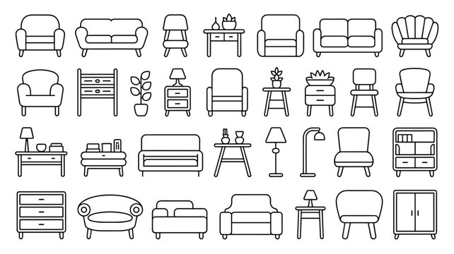 Extensive collection of furniture and home decor line icons including various styles of sofas, armchairs, cabinets, and lighting fixtures.
