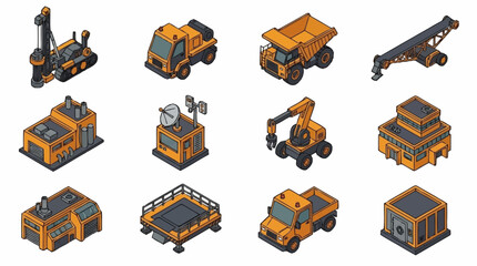 Collection of orange construction vehicles and equipment in isometric style. © Bunga