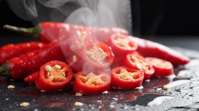 Fresh Red Chili Peppers Sliced and Whole With Steam Rising.