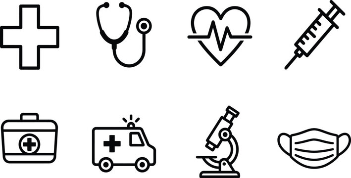 Set of simple black outline medical and healthcare icons including hospital cross stethoscope heartbeat syringe first aid kit ambulance microscope and face mask